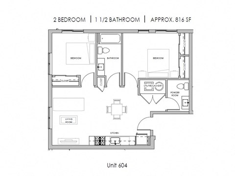 Floor plan for 2 beds, 1.5 baths, 813 sqft